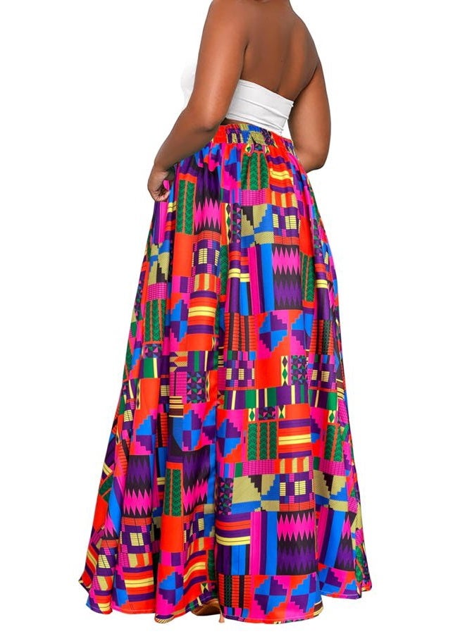 Afibi Womens Casual High Waist Tie Afican Print Long Maxi Skirt with Pockets, Purple, L - Image 5