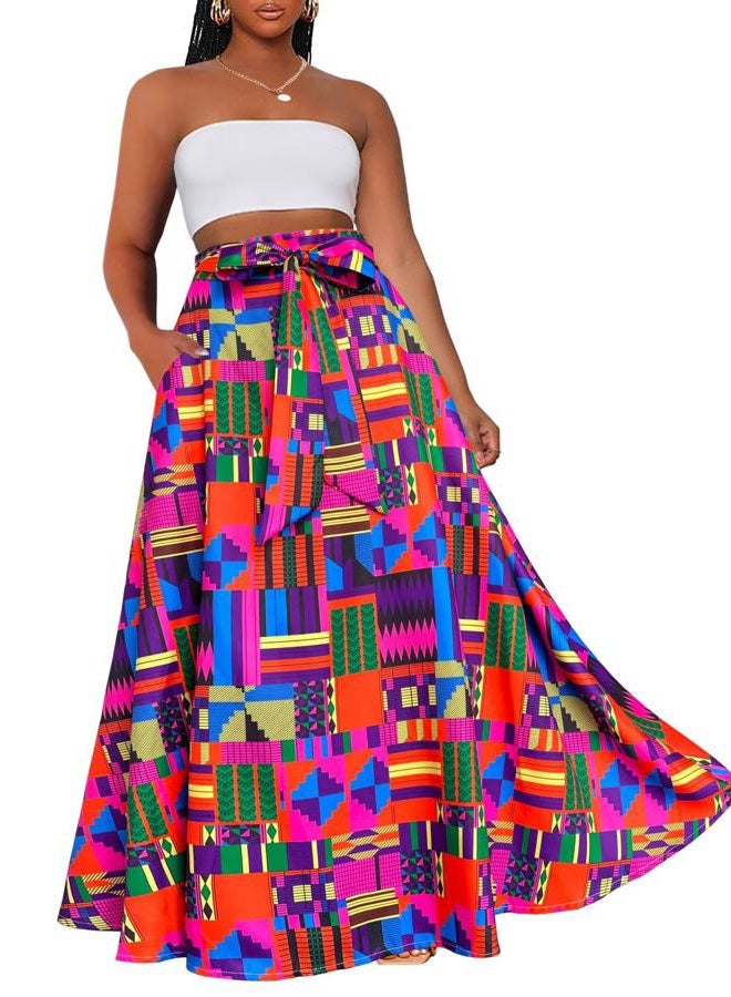 Afibi Womens Casual High Waist Tie Afican Print Long Maxi Skirt with Pockets, Purple, L - Image 2