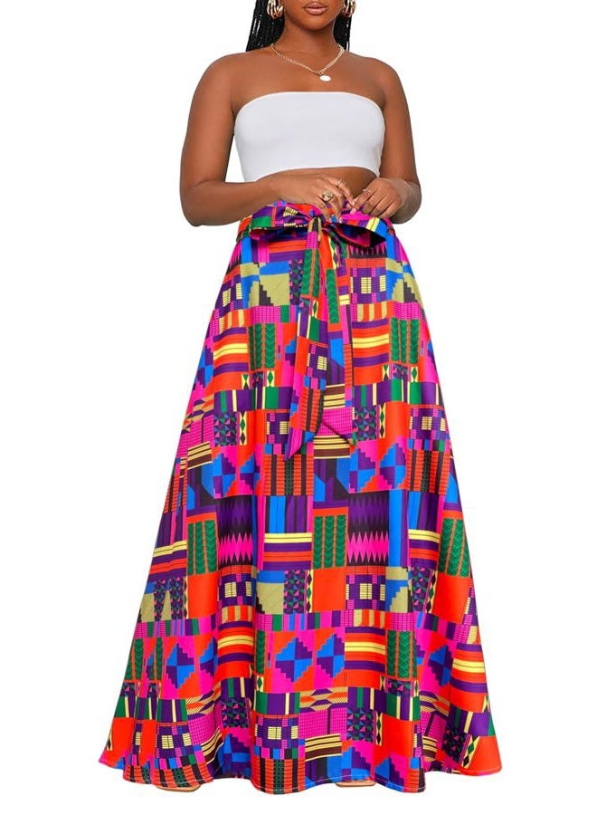 Afibi Womens Casual High Waist Tie Afican Print Long Maxi Skirt with Pockets, Purple, L - Image 3