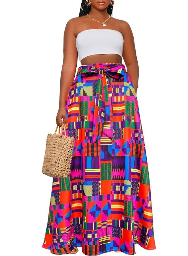 Afibi Womens Casual High Waist Tie Afican Print Long Maxi Skirt with Pockets, Purple, L - Image 1