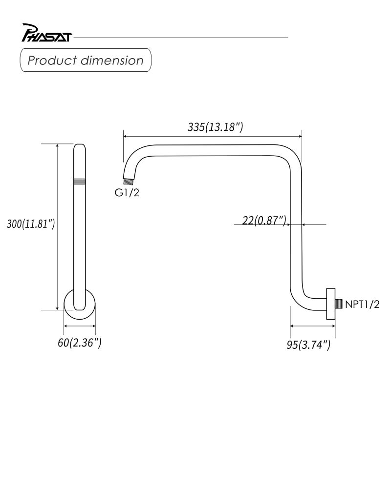 PHASAT S Shaped Shower Arm with Flange,High Rise Shower Head Extension Arm Chrome,PU9D02 - Image 5