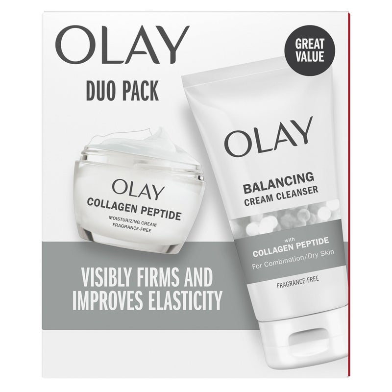 Olay Collagen Peptide Duo Pack, Balancing Cream Face Wash, Fragrance-Free, 5.0 fl oz, Moisturizing Cream Moisturizer, Fragrance-Free, 1.7 oz