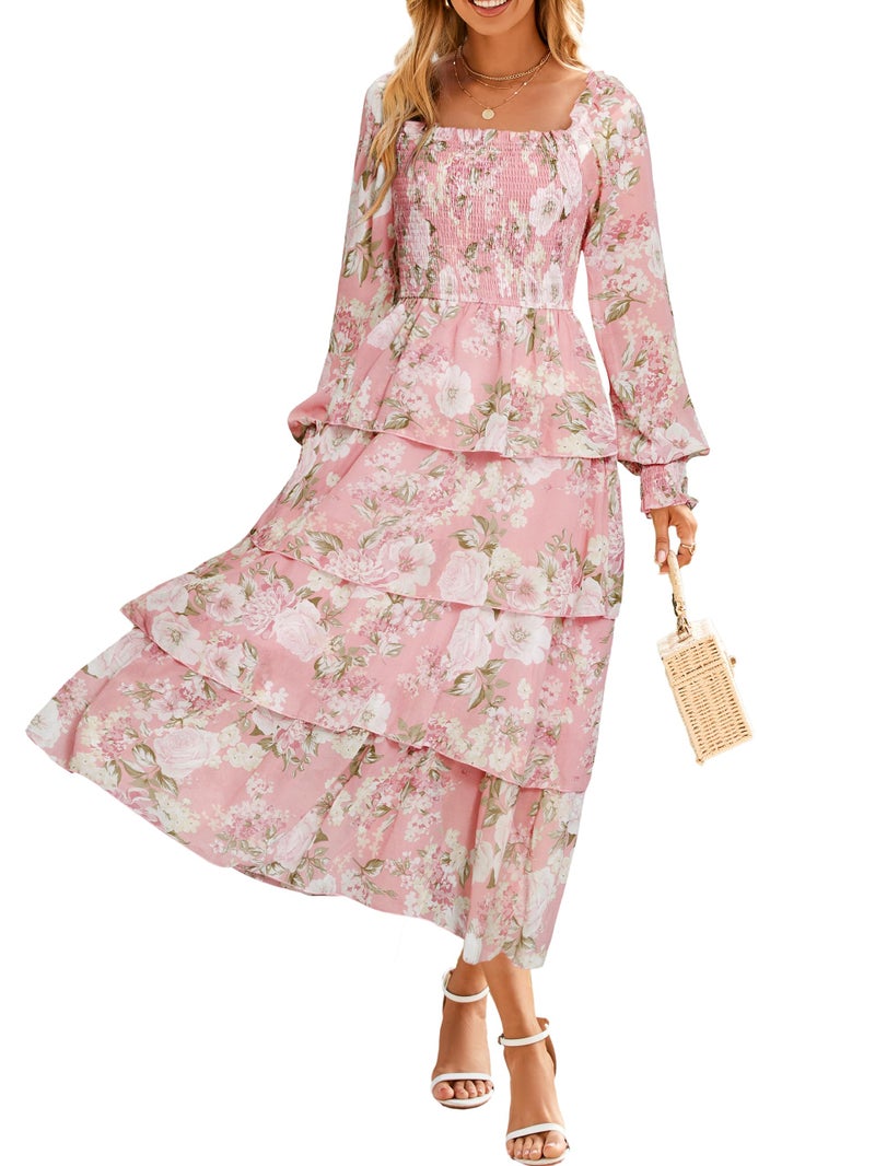 Simplee Womens Long Sleeve Spring Wedding Guest Dress Boho Floral A-line Smocked Square Neck Flowy Maxi Dresses Pink XL - Image 1