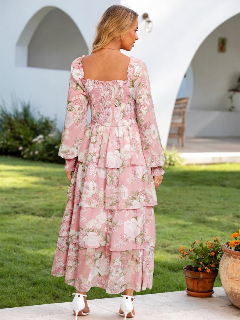 Simplee Womens Long Sleeve Spring Wedding Guest Dress Boho Floral A-line Smocked Square Neck Flowy Maxi Dresses Pink XL - Image 4
