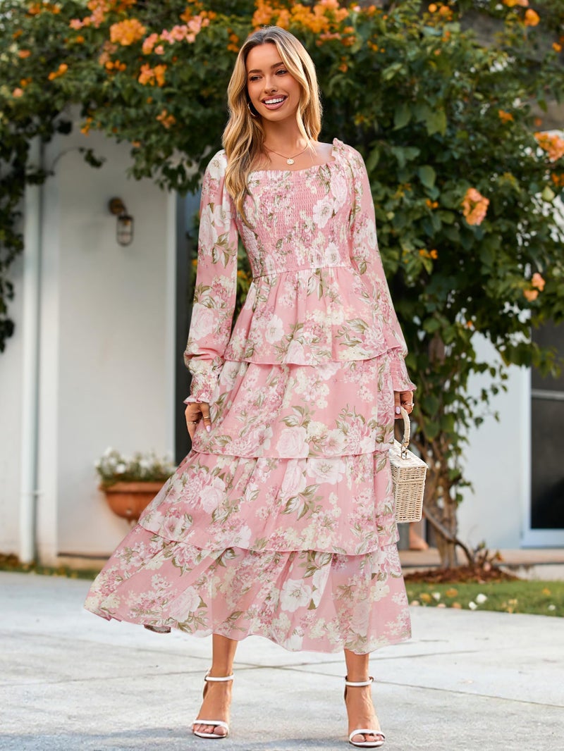 Simplee Womens Long Sleeve Spring Wedding Guest Dress Boho Floral A-line Smocked Square Neck Flowy Maxi Dresses Pink XL - Image 2