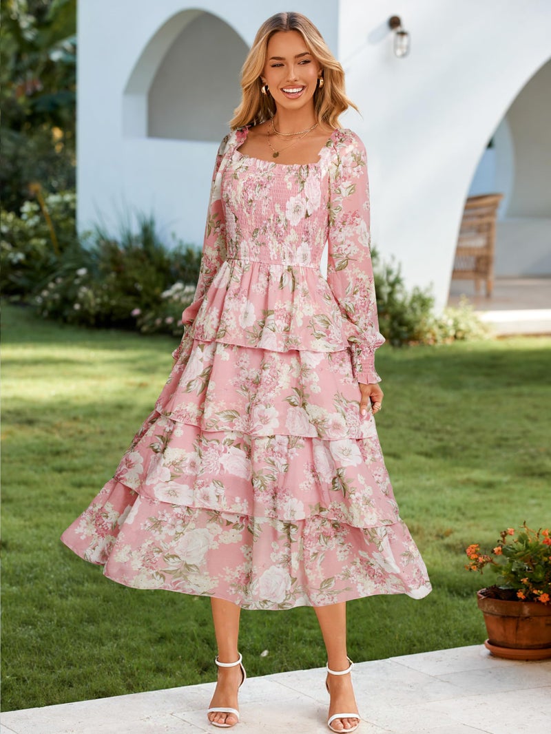 Simplee Womens Long Sleeve Spring Wedding Guest Dress Boho Floral A-line Smocked Square Neck Flowy Maxi Dresses Pink XL - Image 5