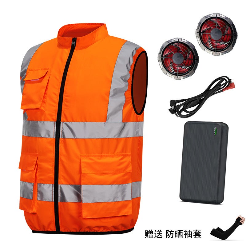 Outdoor Reflective Work Clothes, Summer Clothes with Fans, Mens and Womens Same Style Cooling and Heatstroke Prevention Labor Protection Workwear Vests Orange + 24v fan + power bank