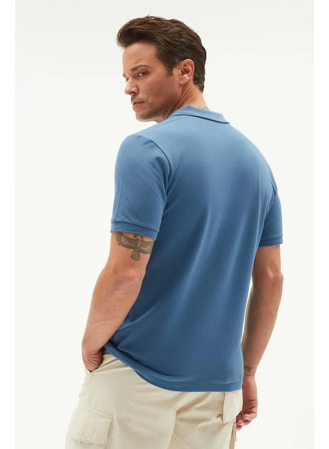 JUNE June Men Regular Fit 100% Cotton Basic Polo Neck Tshirt Light Indigo