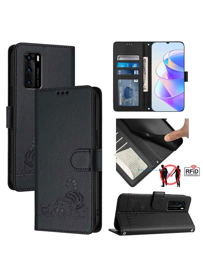 زبون جراب هاتف Huawei P40 من الجلد المنقوش بنمط قطة وفأر بتقنية RFID مع حبل تعليق - Image 1