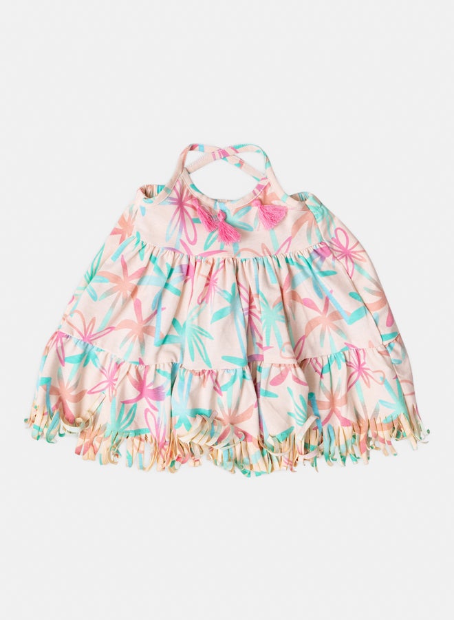 فستان بطبعة كاملة للبنات بفيونكة على الصدر