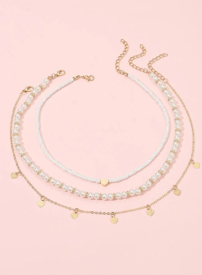 Take Two Pack of 3 - Multi-Color Girls Heart Charm and Pearl Beaded Necklace