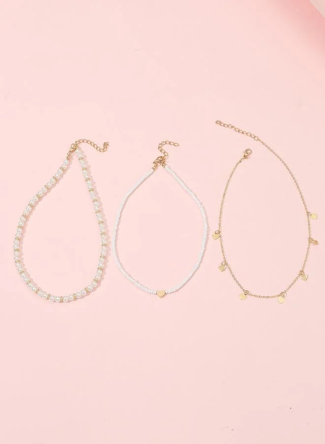 Take Two Pack of 3 - Multi-Color Girls Heart Charm and Pearl Beaded Necklace