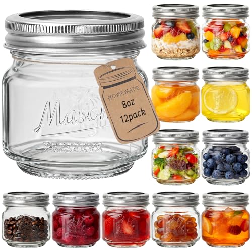 CycleMore 8oz 12 Pack Mason Jars with Silver Metal Lids, Embossed Design Canning Jars, Clear Glass Storage Jars for for Gifts, Jam, Pickling, Crafts, Wedding Favors & Home Decor - Image 1