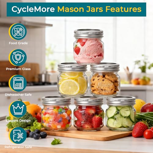 CycleMore 8oz 12 Pack Mason Jars with Silver Metal Lids, Embossed Design Canning Jars, Clear Glass Storage Jars for for Gifts, Jam, Pickling, Crafts, Wedding Favors & Home Decor - Image 3