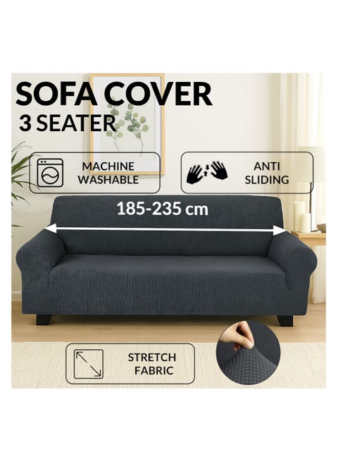 Stretch Fit 3-Seater Sofa Cover Soft Brushed Fabric Couch Cover Exquisitely Full Coverage Furniture Protector Slipcover Three Seater Fits on Standard and Recliner Sofa 185-235cm Size Grey