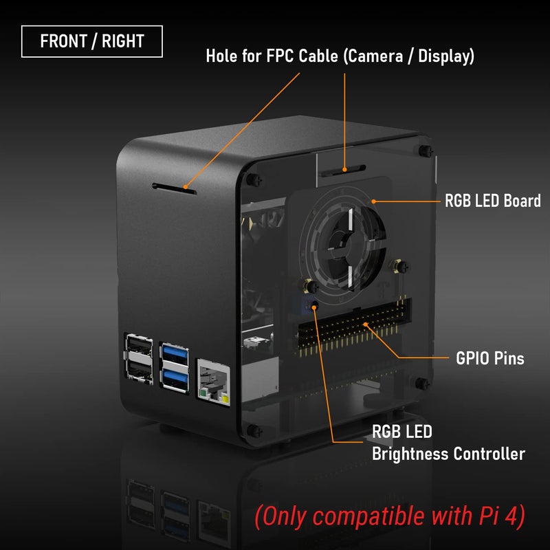 ElectroCookie Raspberry Pi 4 Case, Aluminum Mini Tower Case with Cooling Fan and Color Changing Ambient Light (Matte Black & Dark Gray) - Image 5