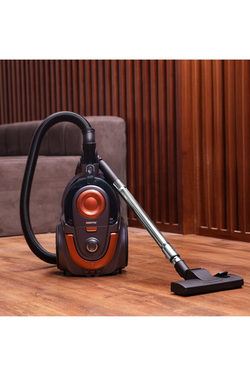GEEPAS 2200 W Cyclonic Vacuum Cleaner- GVC19054/ 2.5 L Dust Bag Capacity, Low Noise Operation, Automatic Cord Rewinder Function, HEPA Filter/ Flexible Hose, Floor Brush, Anti-Rust Body/ Perfect for Home, Office, Apartments/ 2 Years Warranty, Orange & Black - Image 1