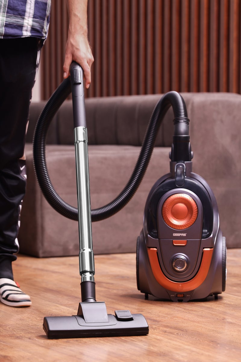GEEPAS 2200 W Cyclonic Vacuum Cleaner- GVC19054/ 2.5 L Dust Bag Capacity, Low Noise Operation, Automatic Cord Rewinder Function, HEPA Filter/ Flexible Hose, Floor Brush, Anti-Rust Body/ Perfect for Home, Office, Apartments/ 2 Years Warranty, Orange & Black - Image 2