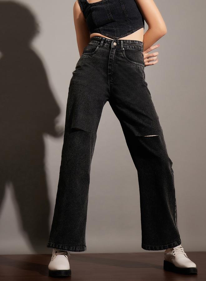 SASSAFRAS Women Black High Rise Washed Straight Jeans with Knee Slit - Image 1