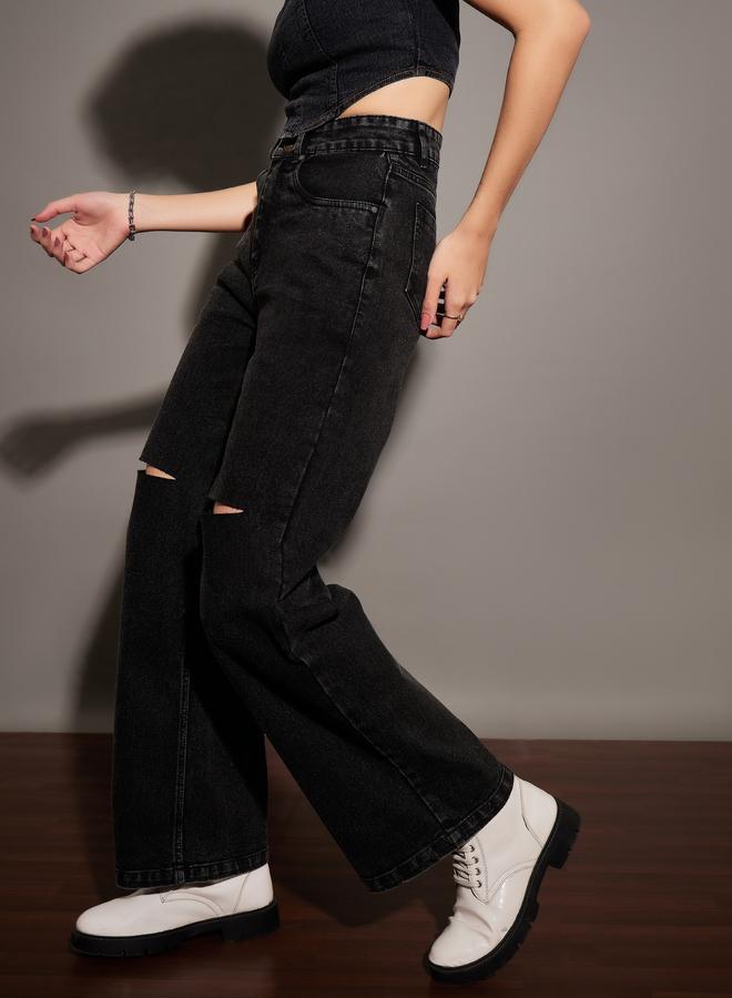 SASSAFRAS Women Black High Rise Washed Straight Jeans with Knee Slit - Image 3