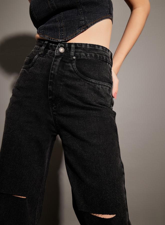 SASSAFRAS Women Black High Rise Washed Straight Jeans with Knee Slit - Image 4