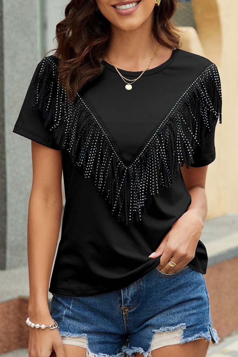 PESION Women's Black Fringe Trim Shirts Short Sleeve Tassel Trim Blouse T-Shirt Tops, Black, Large - Image 4