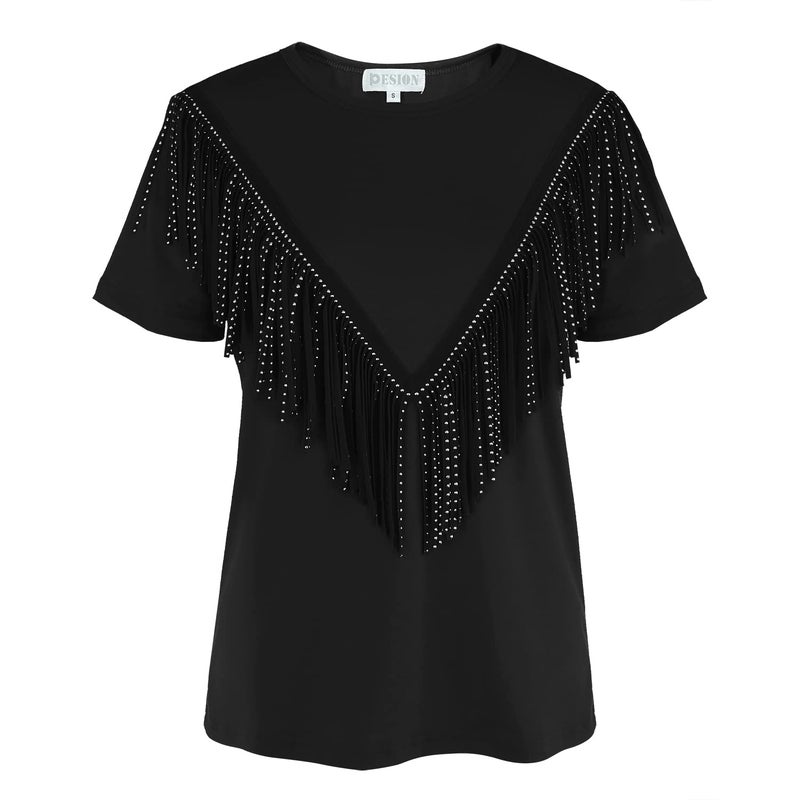 PESION Women's Black Fringe Trim Shirts Short Sleeve Tassel Trim Blouse T-Shirt Tops, Black, Large - Image 5