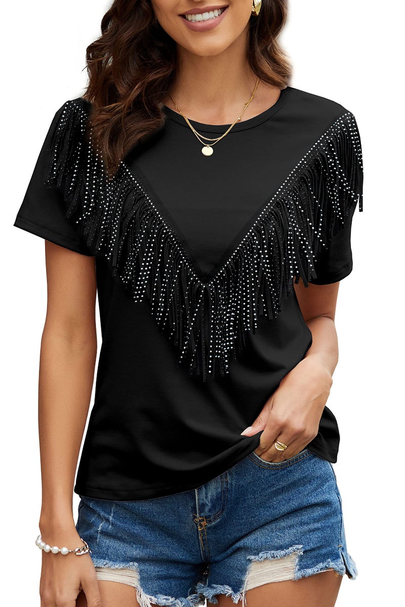 PESION Women's Black Fringe Trim Shirts Short Sleeve Tassel Trim Blouse T-Shirt Tops, Black, Large - Image 1