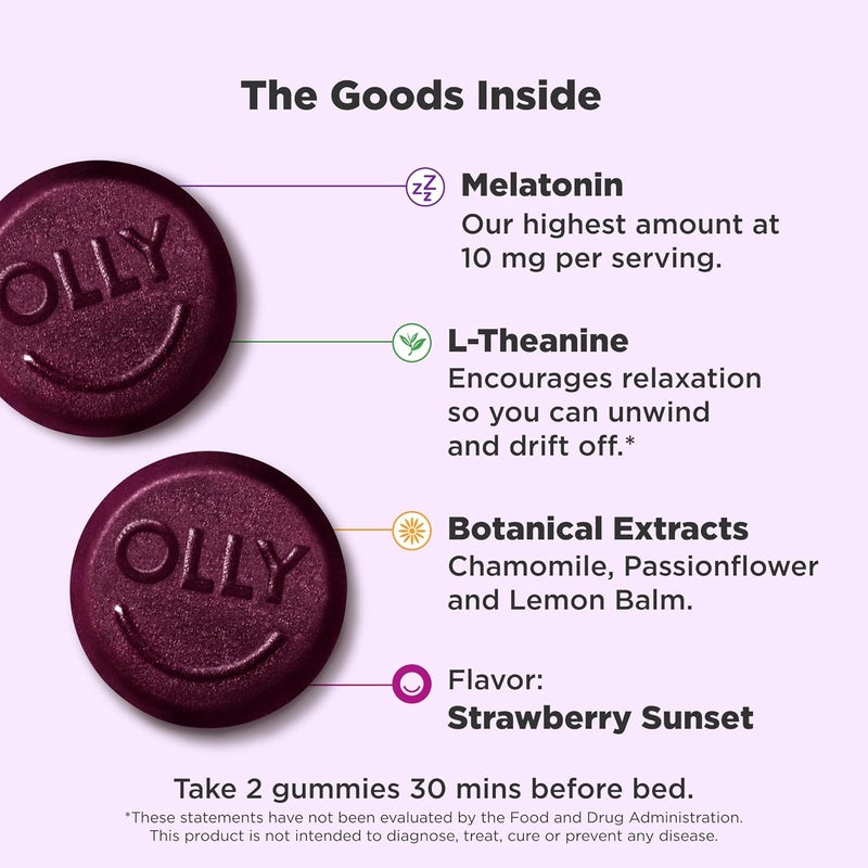 OLLY Max Strength Sleep Gummy 10mg Melatonin LTheanine Chamomile Lemon Balm Sugar Free Vegetarian Sleep Aid Strawberry  50 Count - Image 2