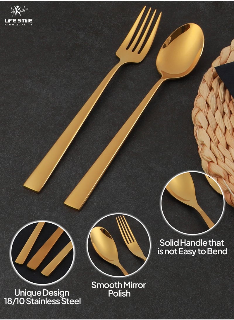 Life Smile - 24 Pieces Cutlery Set Service for 6 person,Pure Stainless Steel Flatware Set,Mirror Polished Cutlery Utensil Set Include Spoon/Fork/Knife/Tea Spoon(SHINE GOLD & SAND BLASTING HANDLE) - Image 1