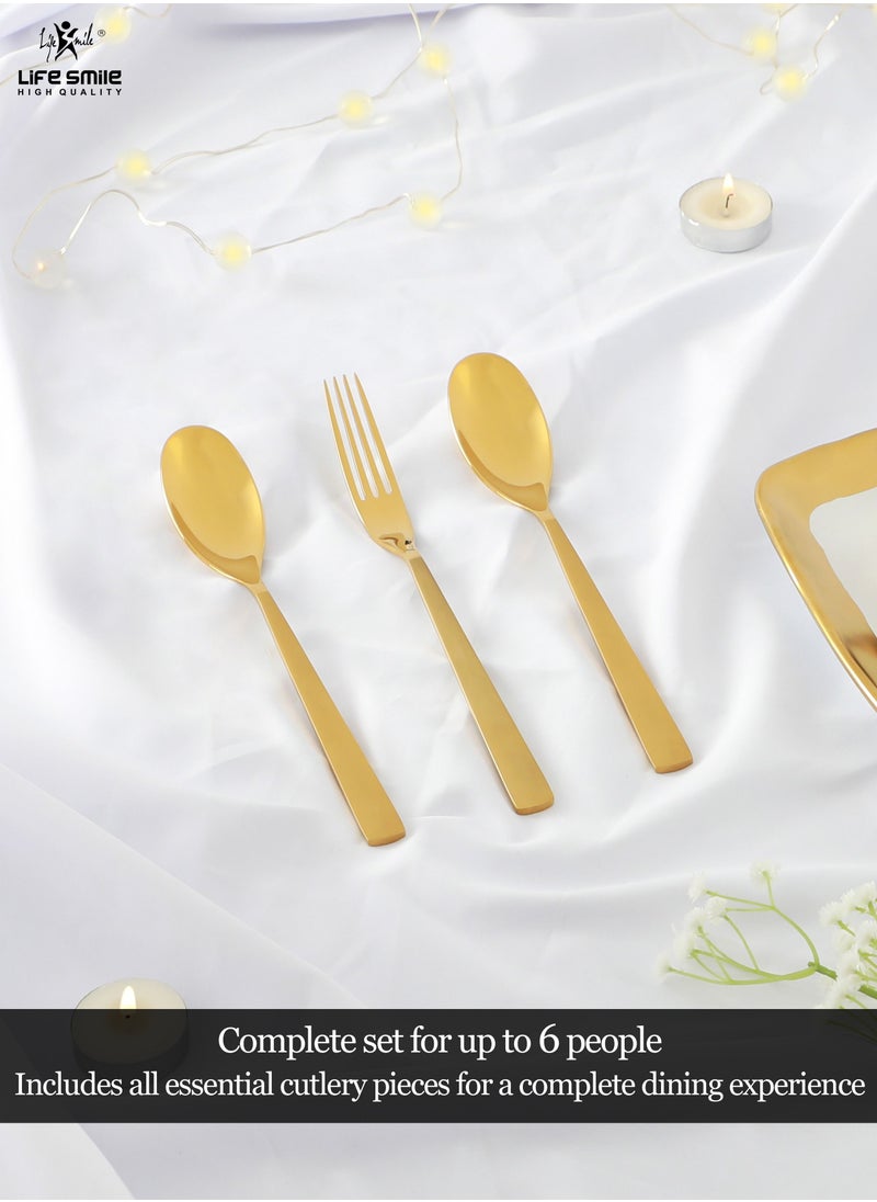 Life Smile - 24 Pieces Cutlery Set Service for 6 person,Pure Stainless Steel Flatware Set,Mirror Polished Cutlery Utensil Set Include Spoon/Fork/Knife/Tea Spoon(SHINE GOLD & SAND BLASTING HANDLE) - Image 1
