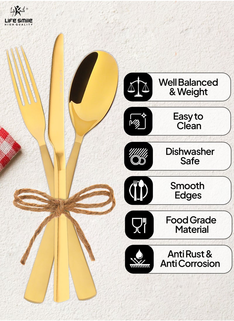 Life Smile - 24 Pieces Cutlery Set Service for 6 person,Pure Stainless Steel Flatware Set,Mirror Polished Cutlery Utensil Set Include Spoon/Fork/Knife/Tea Spoon(SHINE GOLD & SAND BLASTING HANDLE) - Image 1
