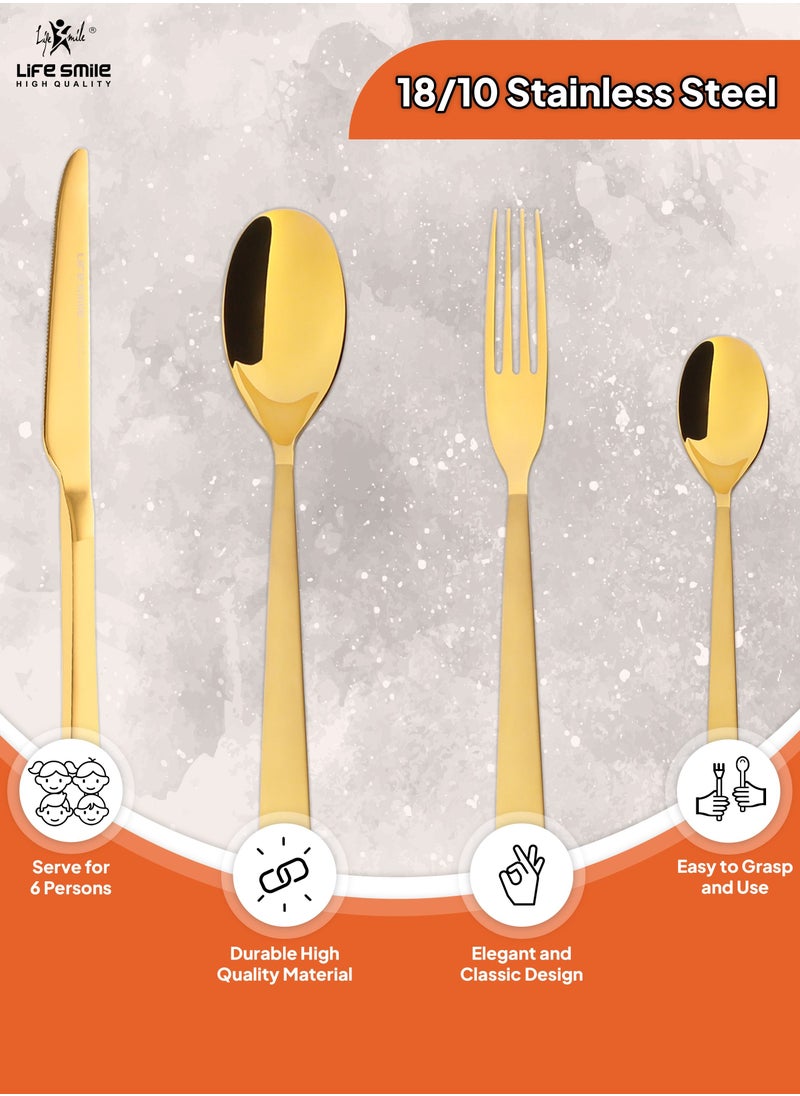 Life Smile - 24 Pieces Cutlery Set Service for 6 person,Pure Stainless Steel Flatware Set,Mirror Polished Cutlery Utensil Set Include Spoon/Fork/Knife/Tea Spoon(SHINE GOLD & SAND BLASTING HANDLE) - Image 1