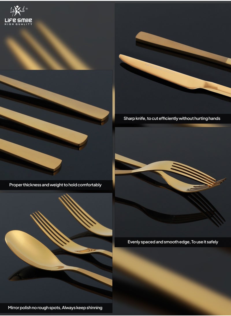 Life Smile - 24 Pieces Cutlery Set Service for 6 person,Pure Stainless Steel Flatware Set,Mirror Polished Cutlery Utensil Set Include Spoon/Fork/Knife/Tea Spoon(SHINE GOLD & SAND BLASTING HANDLE) - Image 1