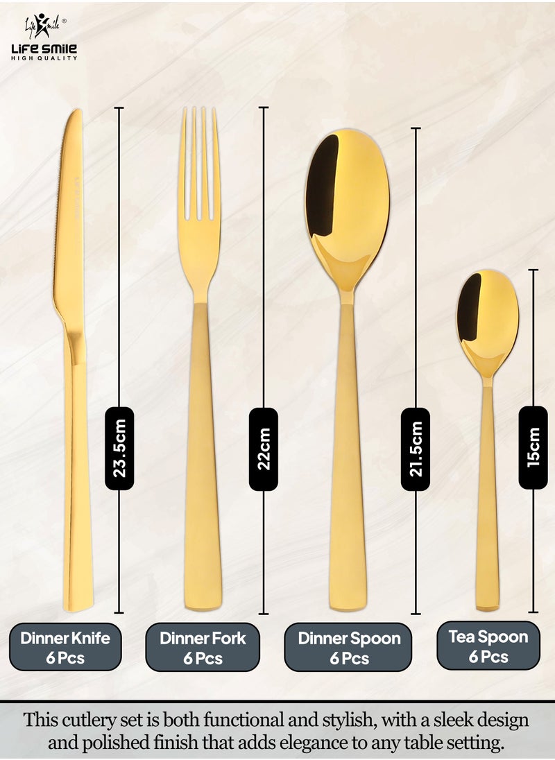 Life Smile - 24 Pieces Cutlery Set Service for 6 person,Pure Stainless Steel Flatware Set,Mirror Polished Cutlery Utensil Set Include Spoon/Fork/Knife/Tea Spoon(SHINE GOLD & SAND BLASTING HANDLE) - Image 1