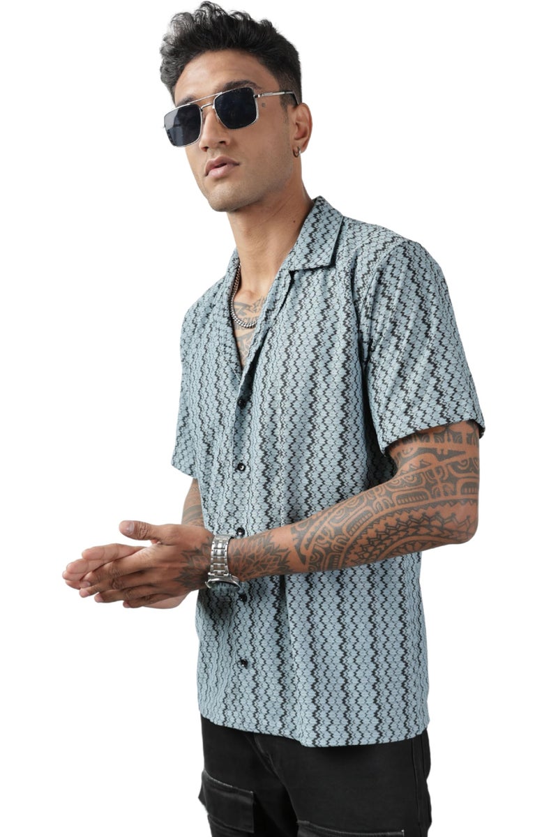 SWADESI STUFF Men's Geometric Print Regular Fit Polycotton Shirt | Stylish Half Sleeve Casual Shirt for Men (in, Alpha, L, Regular, Aqua) - Image 1