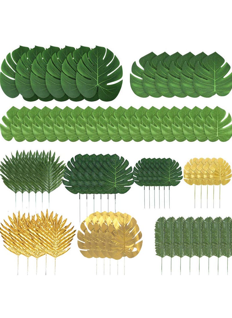 Ledoira 72 Pieces 10 Kinds Artificial Palm Leaves Golden Tropical Leaves with Stems Jungle Leaves Decorations for Hawaiian Luau Party Beach Baby Shower Wedding Birthday 