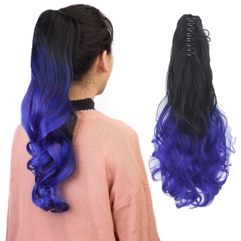 iLUU Curly Claw Ponytail Extension Synthetic 24 130g Wavy Pony Tail Hairpiece 1B Natural Black to 61C Blue Jaw Hair Extension Ponytails for Party Cosplay Beauty Women Girl