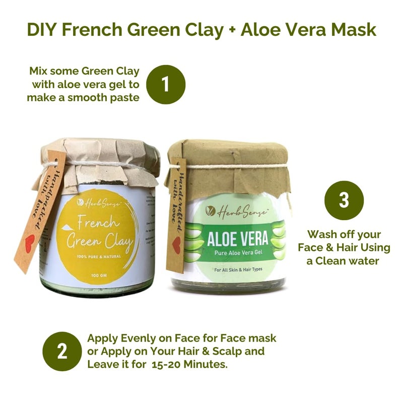 Herbsense Herbsense French Green Clay Pure Aloe Vera Gel Combo Pack Face Mask for Even Skin Tone Glowing Skin Oil Control Glass Jar Pack 150gm Aloe Vera 100gm Green Clay  - Image 2