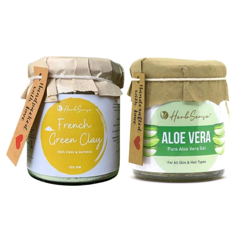 Herbsense Herbsense French Green Clay Pure Aloe Vera Gel Combo Pack Face Mask for Even Skin Tone Glowing Skin Oil Control Glass Jar Pack 150gm Aloe Vera 100gm Green Clay  - Image 1