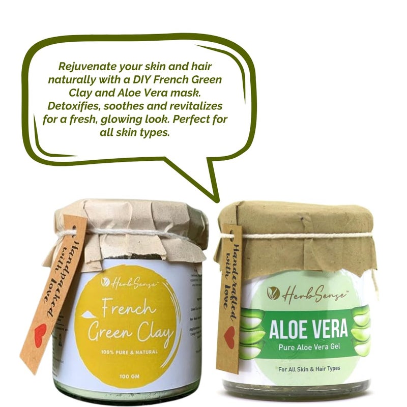 Herbsense Herbsense French Green Clay Pure Aloe Vera Gel Combo Pack Face Mask for Even Skin Tone Glowing Skin Oil Control Glass Jar Pack 150gm Aloe Vera 100gm Green Clay  - Image 5