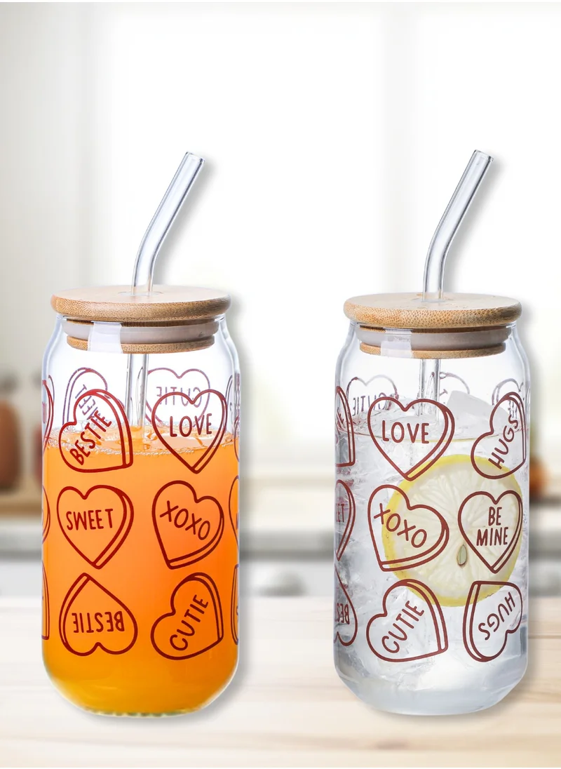 1Chase Borosilicate Valentine themed Drinking Glasses With Bamboo Lid 350 ML Set of 2