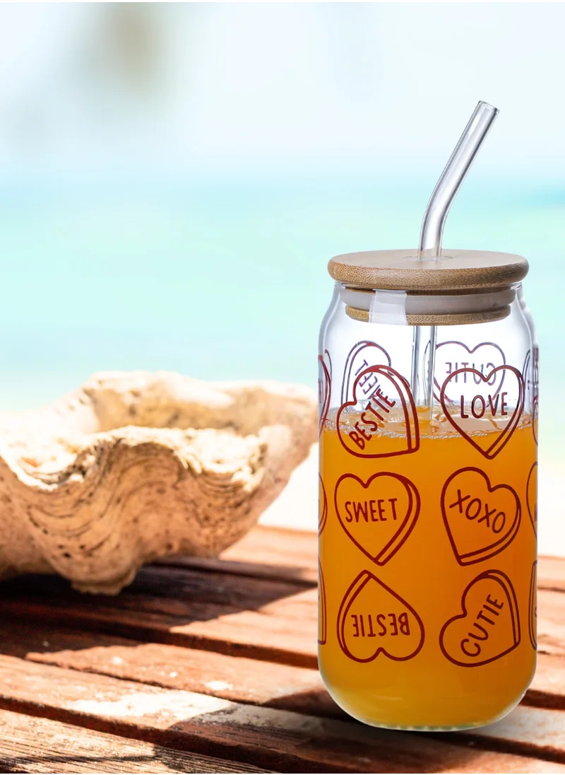 1Chase Borosilicate Valentine themed Drinking Glasses With Bamboo Lid 350 ML Set of 2