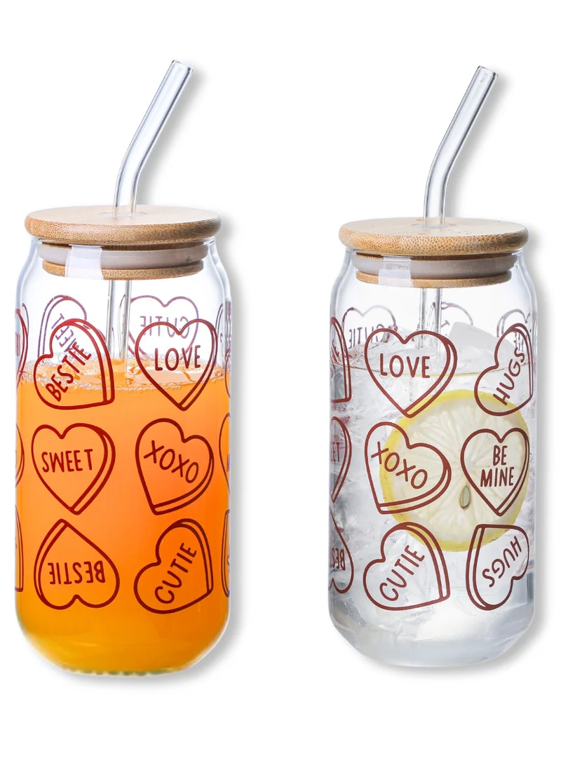 1Chase Valentine-Themed Borosilicate Sipper Glass Set – 2 x 550ML Glasses with Bamboo Lids – Romantic Drinkware Gift for Couples