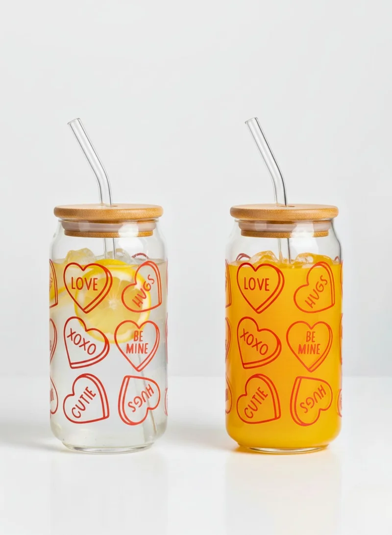 1Chase Valentine-Themed Borosilicate Sipper Glass Set – 2 x 550ML Glasses with Bamboo Lids – Romantic Drinkware Gift for Couples