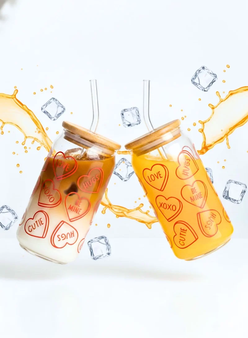 1Chase Valentine-Themed Borosilicate Sipper Glass Set – 2 x 550ML Glasses with Bamboo Lids – Romantic Drinkware Gift for Couples