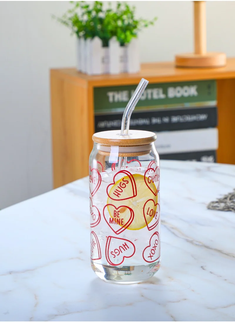 1Chase Borosilicate Valentine themed Drinking Glasses With Bamboo Lid 350 ML Set of 2