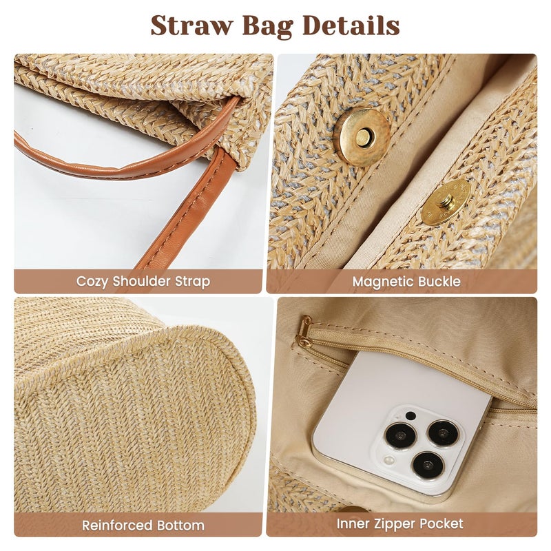 Tavaleu Straw Beach Bags for Women, Beach Tote Shoulder Handbag Bag for Women, Straw Purse Buckets Summer Fashion Hobo Bags - Image 2