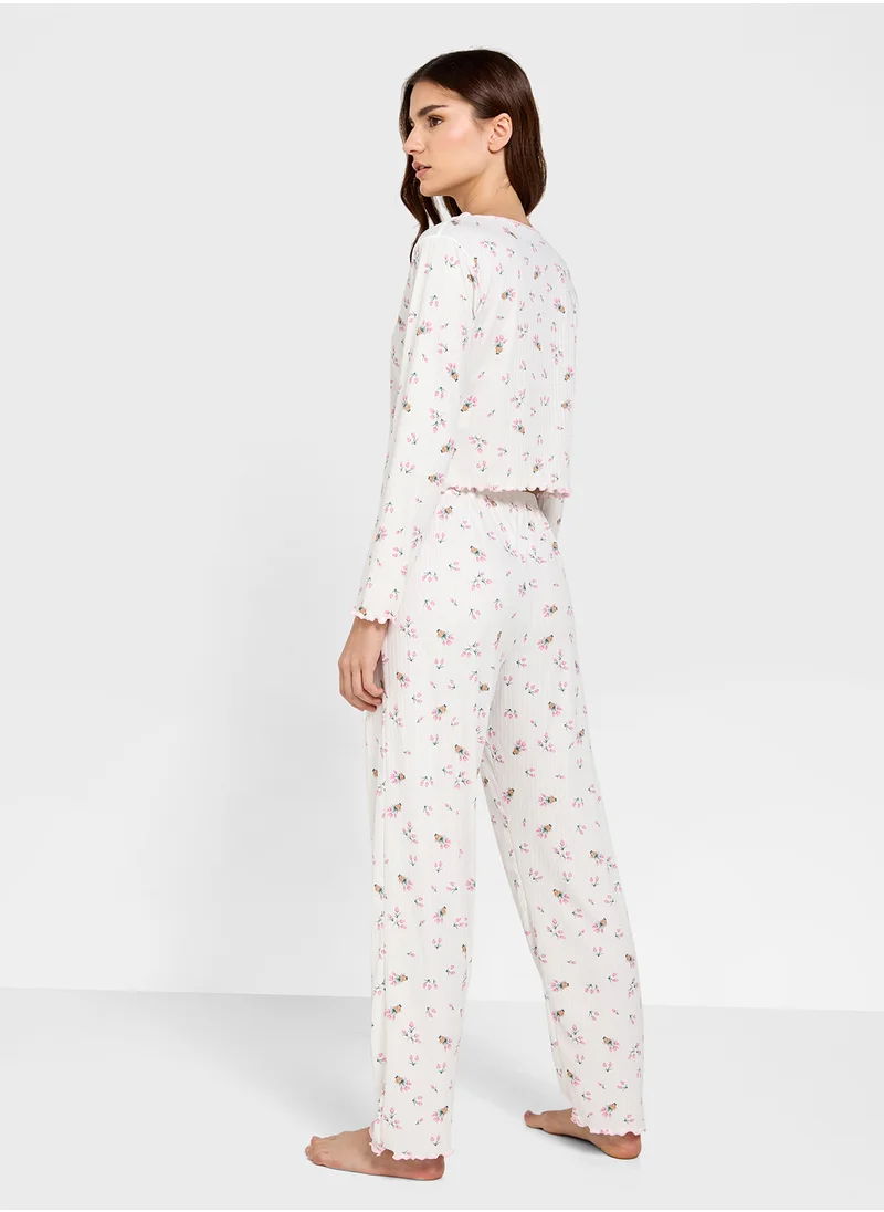 جينجر Ribbed Floral Top & Pyjama Set