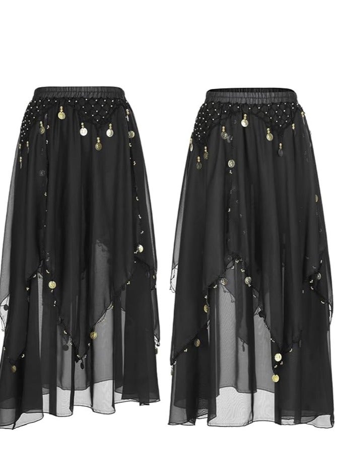 SYOSI Women Belly Dance Chiffon Skirt with Coins  - Image 2
